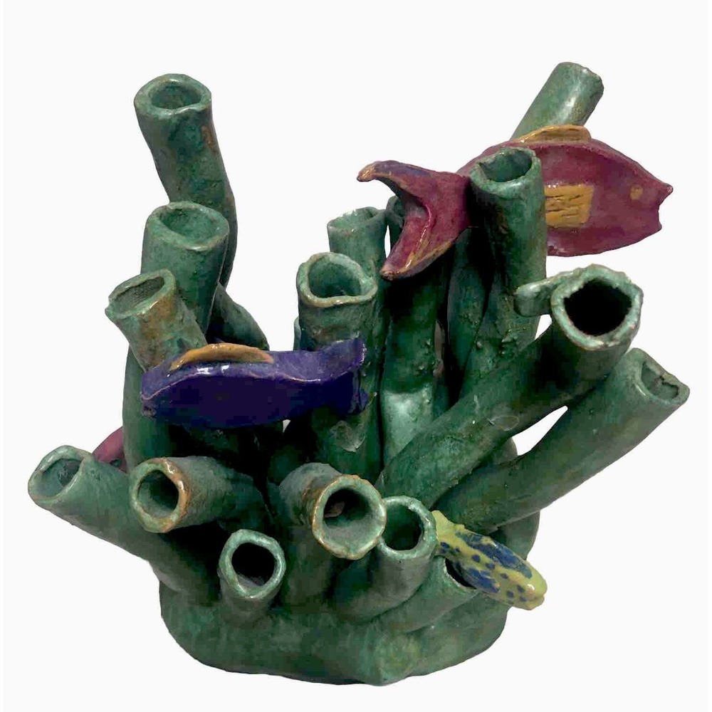 Studio Art Pottery Sculpture Muti Spout Nautical Fish Bud Vase Green 10x10